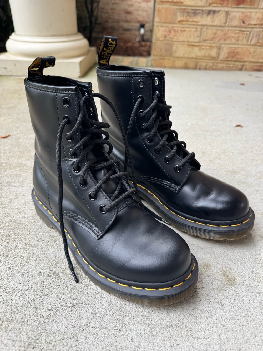 Barely Worn Dr. Martens Black Leather Lace-Up Combat Boots with Yellow Stitching